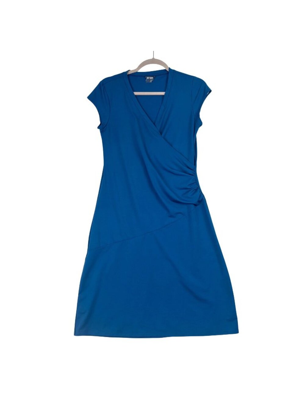 ✨3/$30 Athleta M Blue Wrap Midi Dress Short Sleeve Stretch Fabric Ruched Waist